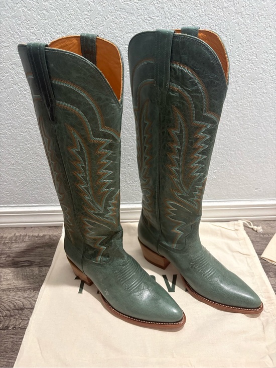 Tecovas Shoes - Tecovas Abby sagebrush goat  Teal Green Leather Western Knee-High Boots